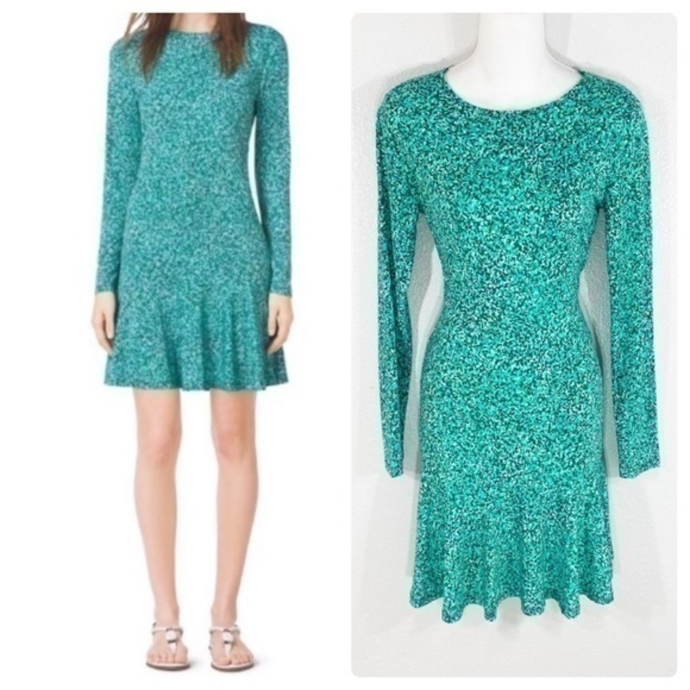 Michael Kors Green Printed Ruffle Hem Jersey Dress - image 1